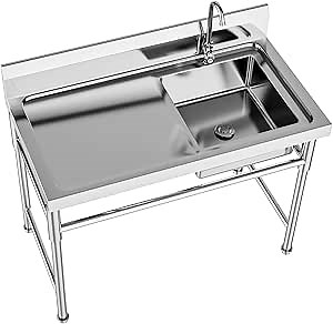 Commercial Kitchen Sink Stainless Steel Single Basin Restaurant Utility Sink Freestanding Vanity Multipurpose Sink with Faucet for Outdoor Indoor, Garage, Restaurant, Kitchen, Laundry, Utility Room
