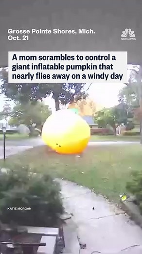 A Michigan mom scrambles to control a giant inflatable pumpkin that nearly flies away on a windy day. | NBC News