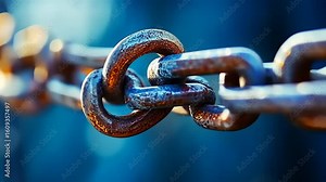Close-up of a rusty metal chain link against a blurred blue background, symbolizing strength and connection