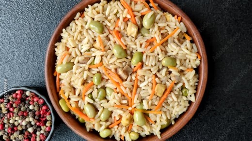 Asian food with rice, edamame, carrots, tofu, and spices. Rice with edamame and carrots as a food background for your design