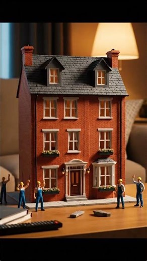 tiny figurines transform cluttered tabletop into a pristine miniature brick townhouse