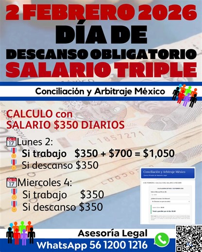 2 DE FEBRERO. DESCANSO OBLIGATORIO - SALARIO TRIPLE #fblifestyle Conoce el salario que recibiras con nuestra calculadora en línea: https://www.conciliacionyarbitraje.mx/p/2-de-febrero-2026-descanso-obligatorio.html | Centro de Conciliación Laboral