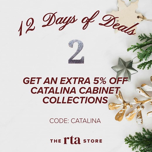 On the second day of deals, The RTA Store gave to me... 🕊️ The Catalina collection features recessed, beveled cabinet doors for a sophisticated look with timeless charm. If you've picked Catalina Mist, Catalina Meadow Green, Catalina Toffee, or Catalina White for your new home cabinetry, then today is your day. Save an extra 5% today when you purchase cabinets from our Catalina collection! Use code CATALINA when checking out. | The RTA Store