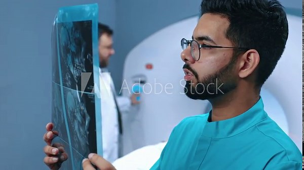 Medical doctors working in modern hospital office holding and thoughtfully looking at MRI scan with brain images, sick patient treatment. Medicine, healthcare and technology concept.