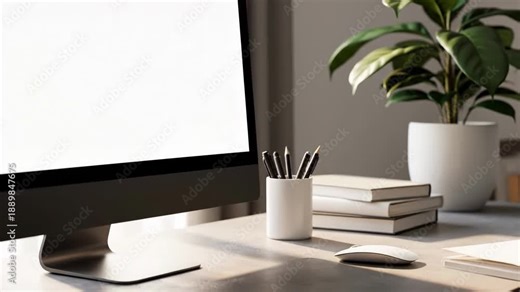 A modern computer monitor with a blank white screen sits on a clean office desk with a potted plant