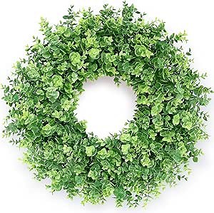 26" Boxwood Wreath for Front Door, Porch, Window - Large Artificial Boxwood Leaves Greenery Outdoor Wreath for Home, Farmhouse Decor - Spring, Summer, Fall, All Seasons (Green)