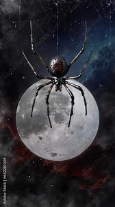 An animated black spider dangling from a web in front of a a rotating full moon and a swirling cosmos..