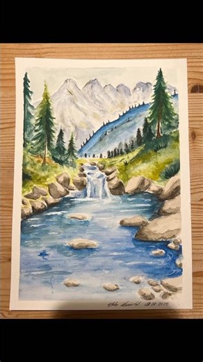 Aquarell Berglandschaft mit Wasserfall Drawing Process“