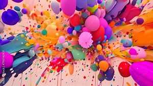 A lively painting showcasing an explosion of colorful paint splatters against a clean white background, Splatters of vibrant colours randomly arranged on a bright canvas