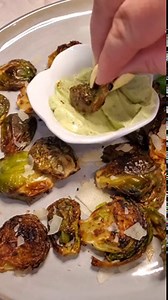 Roasted Brussels sprouts with creamy basil aioli sauce
