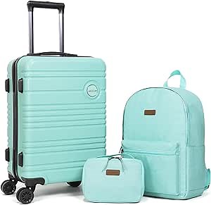 ABS+PC Carry on Luggage set with backpack 3 Pcs suitcace with Spinner wheels TSA Lock 20-In hardshell Lightweight Luggage set (Mint Green)
