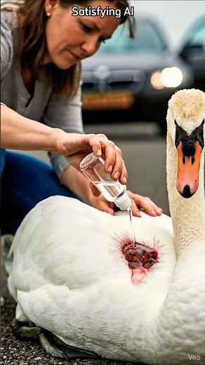 Woman rescues a swan and her chicks | Created by A.I. #ai #animals #wildlife #swan