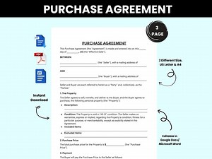 Printable Purchase Agreement. Editable Purchase and Sale Contract. Contract of Sales. Property Purchase Agreement. - Etsy