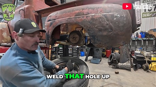 Reversing the rims on the '48 Mercury Pickup today. They look so much better. New video is up on YouTube! https://www.youtube.com/watch?v=ZcZVmRxPHmI #halfasskustoms #youtubechannel #youtube #48Mercury #fordchassis #ford #fordtruck #bodywork #kustom #farmtruck | HalfassKustoms