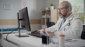 Hispanic Doctors Office: Experienced Physician Sitting at His Desk Working on Personal Computer. Health Care Specialist Filling Medicine Prescription Documents, Checking Analysis Test Results. Zoom In