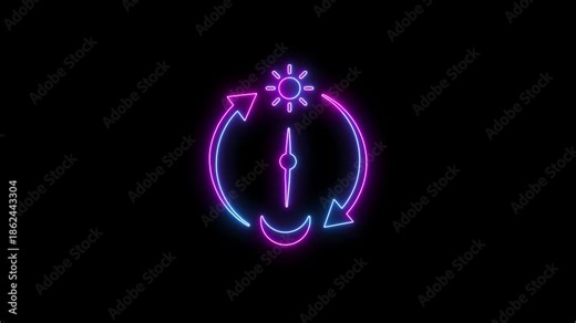 Nion Loop animation with sun and moon cycle showing circadian rhythms. Alpha channel, clock arrows, day and night transition, biological rhythm animation on black background.