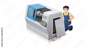 Animation loop of a repairman repairs and performs maintenance operations on a numerically controlled machine-tool on a white background, with transparency mask and alpha channel