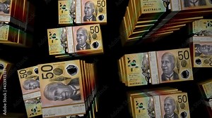Australian Dollar money pack loop. Flight over AUD banknotes stacks top view. 3d loopable seamless animation. Abstract background concept of economy, crisis, business and finance in Australia.