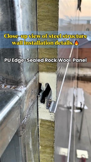 Close-up view of steel structure wall installation details. #installation #panel #wallpanel #Durable #Insulation #panels #wallpanels #sandwichpanel #steelstructure #corrosionresistance #curtainwall #rockwool #pupanel #polyurethane #Fireproof #corrosion #Waterproof | BRD Insulation Panels