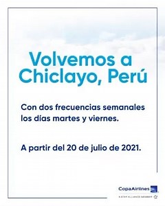 A partir de hoy 20 de julio, reiniciamos nuestras operaciones a Chiclayo en Perú, con dos frecuencias semanales los días martes y viernes. Vuela a este #DestinoCopa a partir de $165 ida y vuelta con impuestos incluidos. Para realizar tu reserva u obtener más información visita copa.com. #CopaAirlines | Copa Airlines
