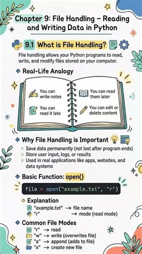 Python File Handling: open() reads, writes, edits files. Modes: r=read, w=write, a=append, x=create🚀