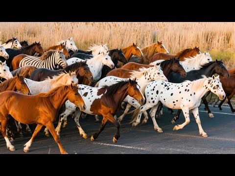 Colorful horses gallop through the reed fields - Horse neighing sound - Horse video