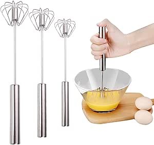 Stainless Steel Semi-Automatic Whisk, 2024 Upgraded Stainless Steel Egg Whisk Hand Push Rotary Whisk Blender, Versatile Hand Push Mixer Stirrer Tool for Cooking Kitchen Home Egg Milk (10+12+14in)
