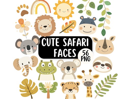 Cute Safari Animal Faces PNG Clipart Bundle | Commercial Use | Jungle Nursery Clipart | Card Making Designs | Printable Jungle Animals - Etsy