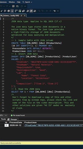 JSON Columns on MS SQL 2025