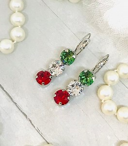Triple Stone Christmas Crystal Earrings, Christmas Red and Green Crystal Earrings, Christmas Long Drop Crystal Earrings - Etsy