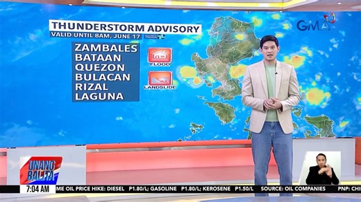 Nakataas ngayon ang thunderstorm advisory sa ilang bahagi ng Central at Southern Luzon. Bisitahin ang www.gmanetwork.com/news para sa iba pang balita. | GMA Integrated News Weather Center