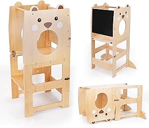 3-in-1 Toddler Learning Stool, Step Stool for Toddlers Tower for Little Kids in Kitchen with Anti-Slip Protection, Chalkboard Message Boards, Supports Up to 150 lb