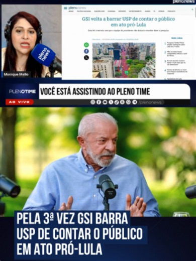 Pela 3ª vez, GSI volta a barrar USP de contar o público em ato pró-Lula ▶️ Confira as principais notícias do dia no Pleno Time, programa do Pleno.News.