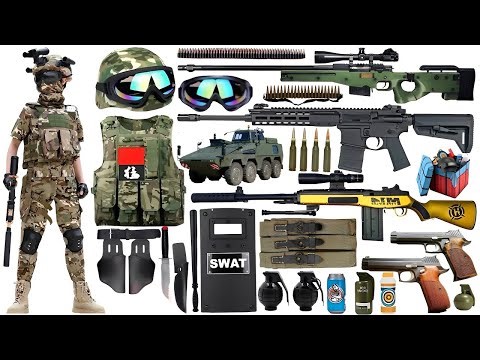 Special Forces military toy gun set unboxing, AWM sniper rifle, AKS-74U automatic rifle, Colt M1991