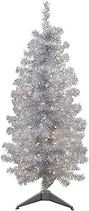 Northlight Pre-Lit Slim Silver Artificial Tinsel Christmas Tree with Clear Lights, 4' x 29"