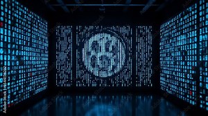 Binary matrix-style code projected on digital panels inside advanced AI lab