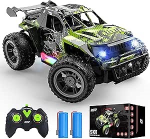 DEERC Remote Control Car with LED Colorful Lights, 1:18 RC Truck for Boys, 2.4Ghz Monster Truck Toy with 2 Batteries, All Terrain Auto Mode Off-Road Race Car, Toys Gifts for Boys Kids Girls