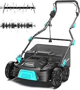 16‑Inch 15Amp 2‑in‑1 Electric Dethatcher & Scarifier with 5‑Position Depth Adjustment, 12 Gallon Removable Grass Collection Bag, Foldable Design, Lawn Thatcher for Yard Lawn Garden Care