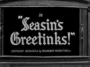 Seasin's Greetinks! Popeye E4 (1933) is the first Christmas-themed cartoon short starring Popeye the Sailor, and the fourth in the overall series from Fleischer Studios. Popeye gives Olive a pair of ice skates as a Christmas present and teaches her how to skate, but Bluto interrupts the lesson to show his affection to her, but she gives him the cold shoulder. He starts to cut the ice and she floats on the broken pieces on the running river and calls to Popeye for help. As Bluto keeps punching Po