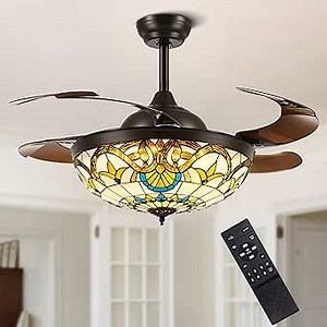 42” Tiffany Ceiling Fan with Lights Fan Reversible Retractable Fandelier with Remote Control Dimmable LED Chandelier Fan Invisible Fan Light for Dining Room Living Room
