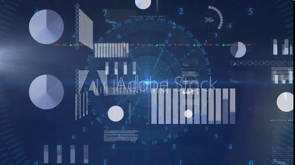 Pulsing central glow activating rotating gauges and data bar graphs expanding across tech field