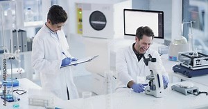 Scientist, man and woman with laughing in laboratory for comedy, joke or funny with writing and microscope. Science, employee or people in lab with happiness, collaboration or investigation and comic Stock Video