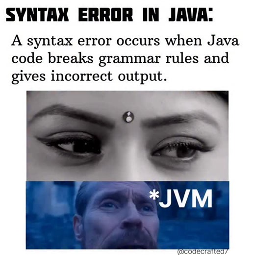 CodeCrafted on Instagram: "Syntax Error in Java ❌☕ A syntax error occurs when Java code does not follow the rules of the Java language, so the compiler cannot understand it. Easy points to understand: 🔹 Detected by the compiler at compile time 🔹 Happens due to missing symbols like ;, {}, or () 🔹 Caused by wrong keywords or spelling mistakes 🔹 Program will not run until the error is fixed 🔹 Because of this, no output is produced Example: int a = 10 System.out.println(a); ❌ Missing semicolon 