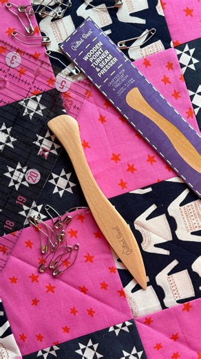 The all round most useful tool in your quilting & sewing kit! -It marks fabric for quilting so no pen or chalk marks to dust out. Just a quick iron and it’s gone. -This tool also saves firing up an iron on smaller projects because you can crease seams with it. -You can crease paper for Foundation Paper Piecing. -Also the end is a point turner to turn out corners on your projects. -And being wood it’s just a lovely tactile tool to use. Other go to quilting tools used: Needle & Bear Quilting Ruler