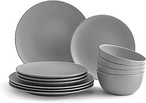 222 Fifth Bryce 12-Piece Melamine Dinnerware with Round Plates and Bowls, Gray