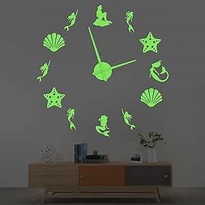 Large Fairy Tale Mermaid Clock Glow in The Dark, Frameless DIY Nautical Coastal Seashell Starfish Wall Clock Decorative Silent Movement Battery Operated for Girls Room Living Room 47 Inch