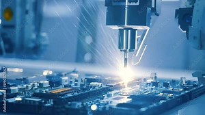 Electronic Devices Production Industry. Fully Automated Modern PCB Assembly Line Equipped with Advanced High Precision Robot Arms at Smart Electronics Factory. Component Installation on Circuit Board.