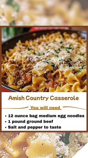 🍝 Amish Country Casserole 🥦 ✨ A nostalgic journey to simple yet flavorful Amish cookery, where heartwarming egg noodles and ground beef mingle under a creamy blanket of tomato and mushroom soup, topped off with a sprinkle of Parmesan. 🤤 | Bliss Recipes
