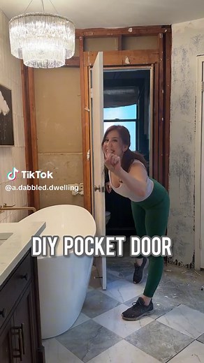 DIY space-saving pocket door for just $250! I think pocket doors are insanely practical and we have been installing them everywhere we can! Instead of swinging into the tub, the door now pockets into the wall and it was only a 2 day project. 💰The budget break down: Pocket door kit: $130 (I’ve seen them as low as $80!) 2x4s: $10 Drywall: $12 Joint compound: $12 Hardware: $23 Trim: $60 Total=$247