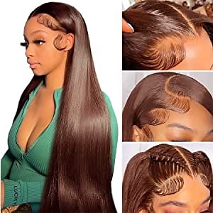 16 Inch Brown Straight Lace Front Wig 13x4 Transparent Lace Front Wig Human Hair 150 Density Colored Human Hair Lace Front Wigs Frontal Human Hair Wigs for Black Women (Brown Color, Straight Hair with Five gifts)